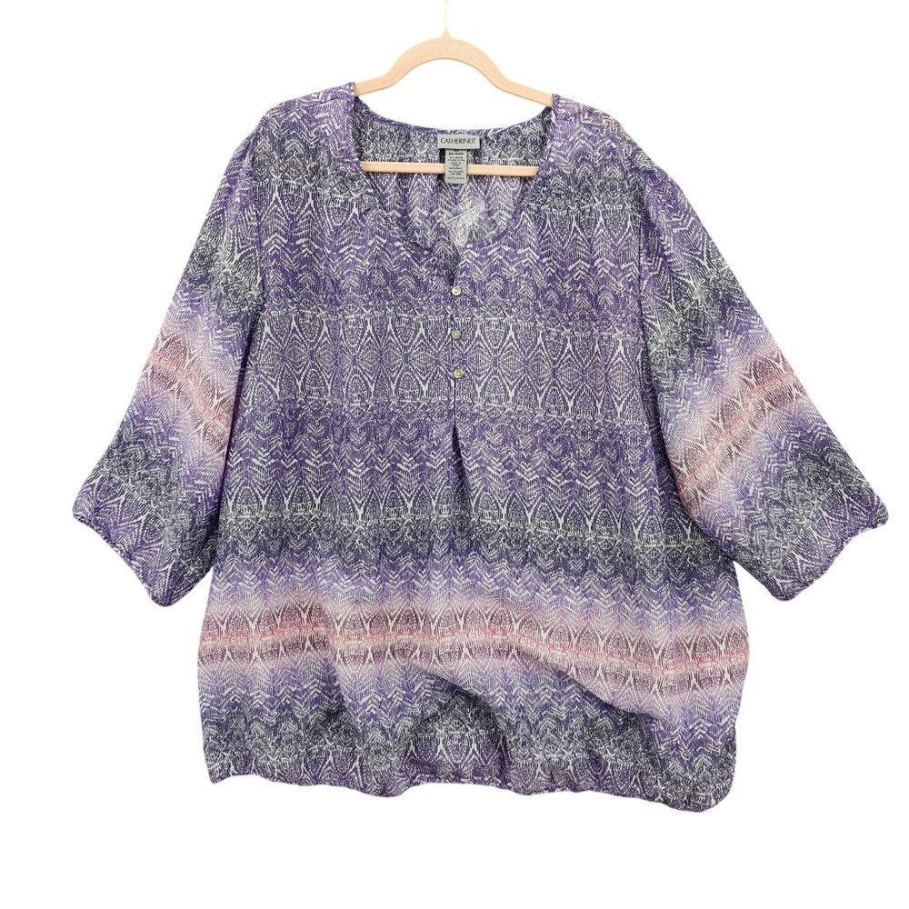 Catherines‎ Women Breathable Geometric Tunic 2X Purple Ombre 3/4 Sleeve Blouse